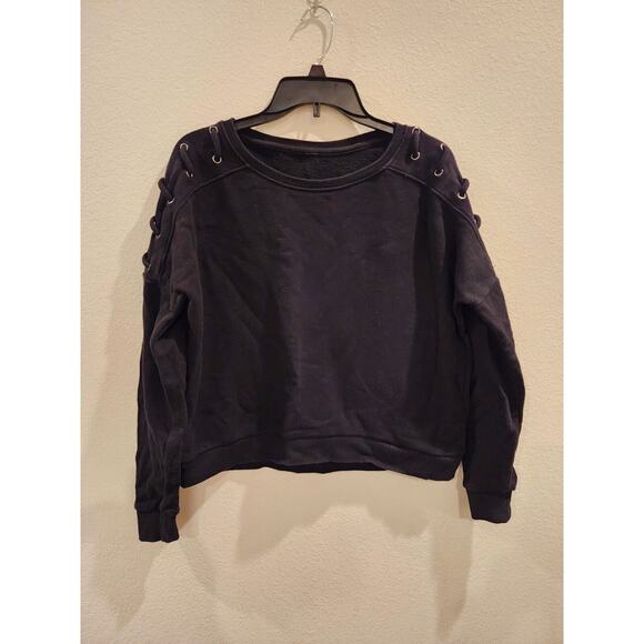 Betsey Johnson Tops - Betsey Johnson Performance Womens Black Crop Shoelace Shoulder Sweatshirt Sz M/L